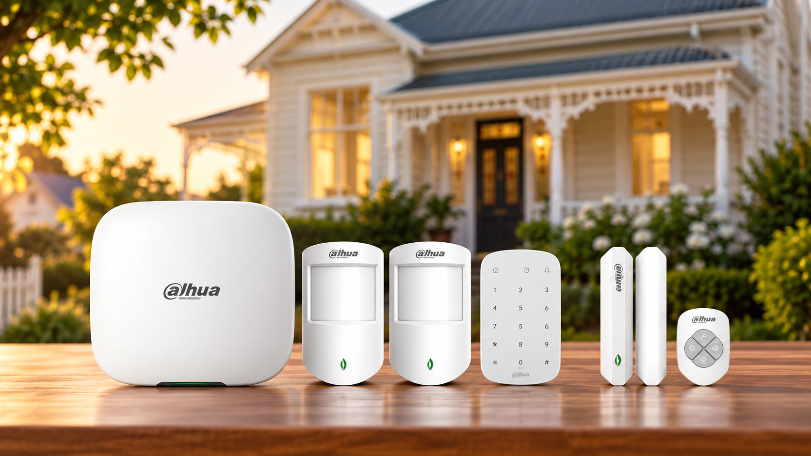 Dahua wireless home alarm system kit with hub, PIR motion sensors, keypad, door contacts and remote control, displayed against a blurred traditional New Zealand villa background.