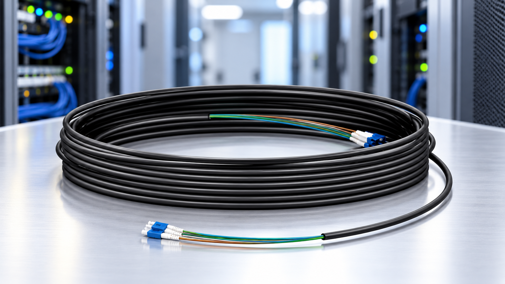 Coiled black fibre optic cable with blue connectors on a server room background.