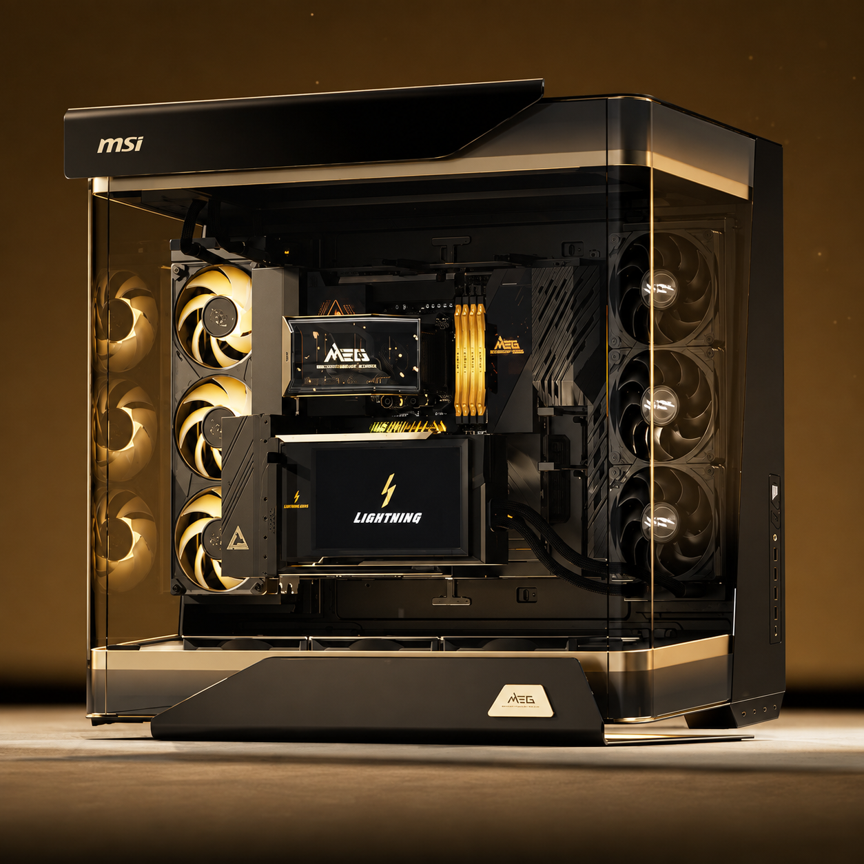 Black gaming desktop PC with tempered glass, blue RGB fans, and front I/O panel