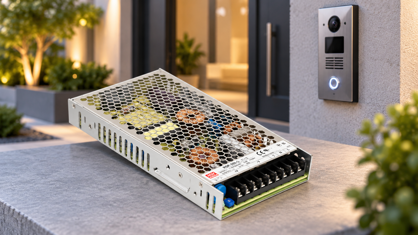 Mean Well metal enclosed switching power supply with ventilated casing and screw terminals, displayed beside a modern video intercom entrance system in NZ.