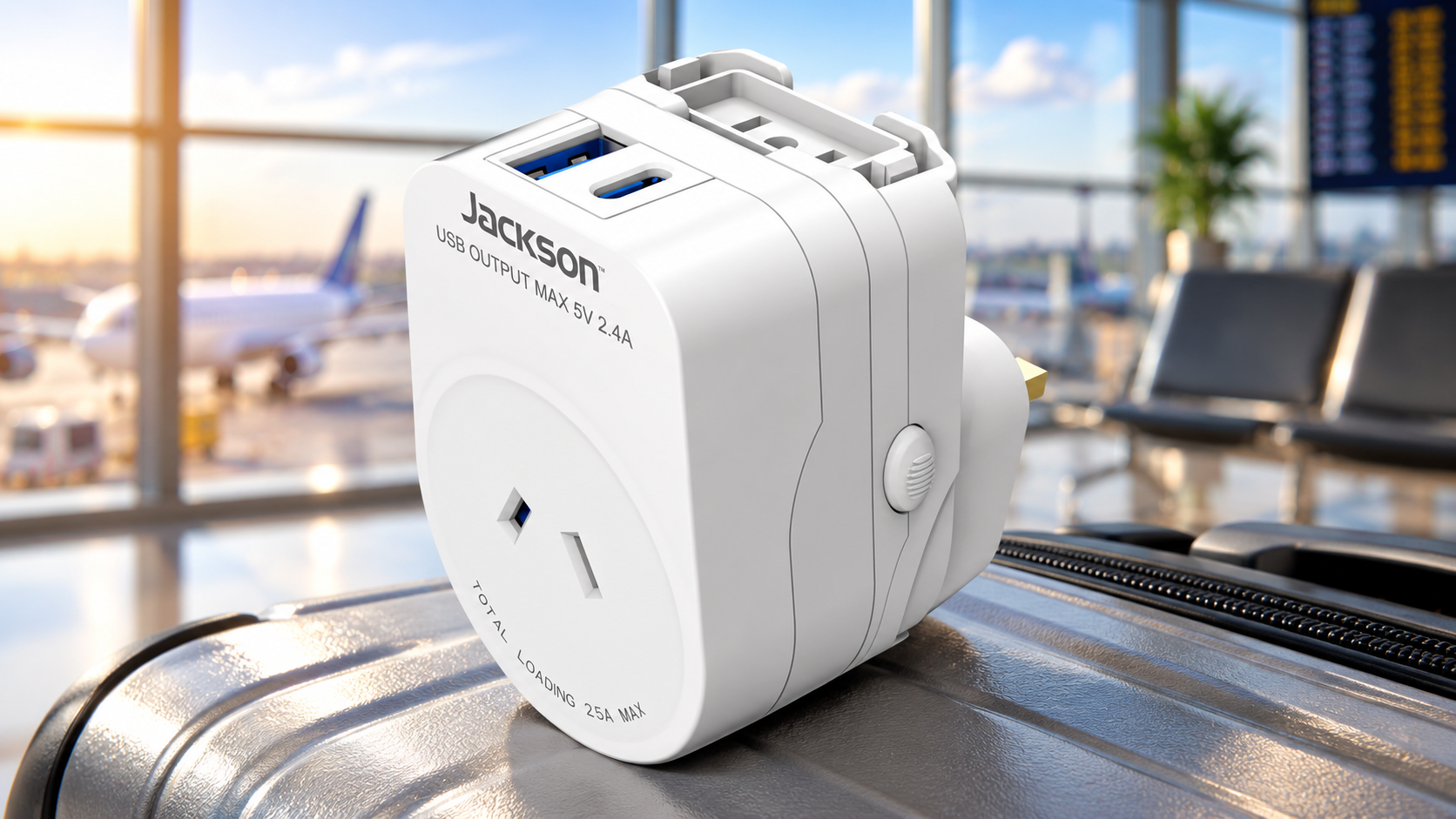 Jackson universal travel adapter with USB charging ports on a suitcase in an airport terminal.