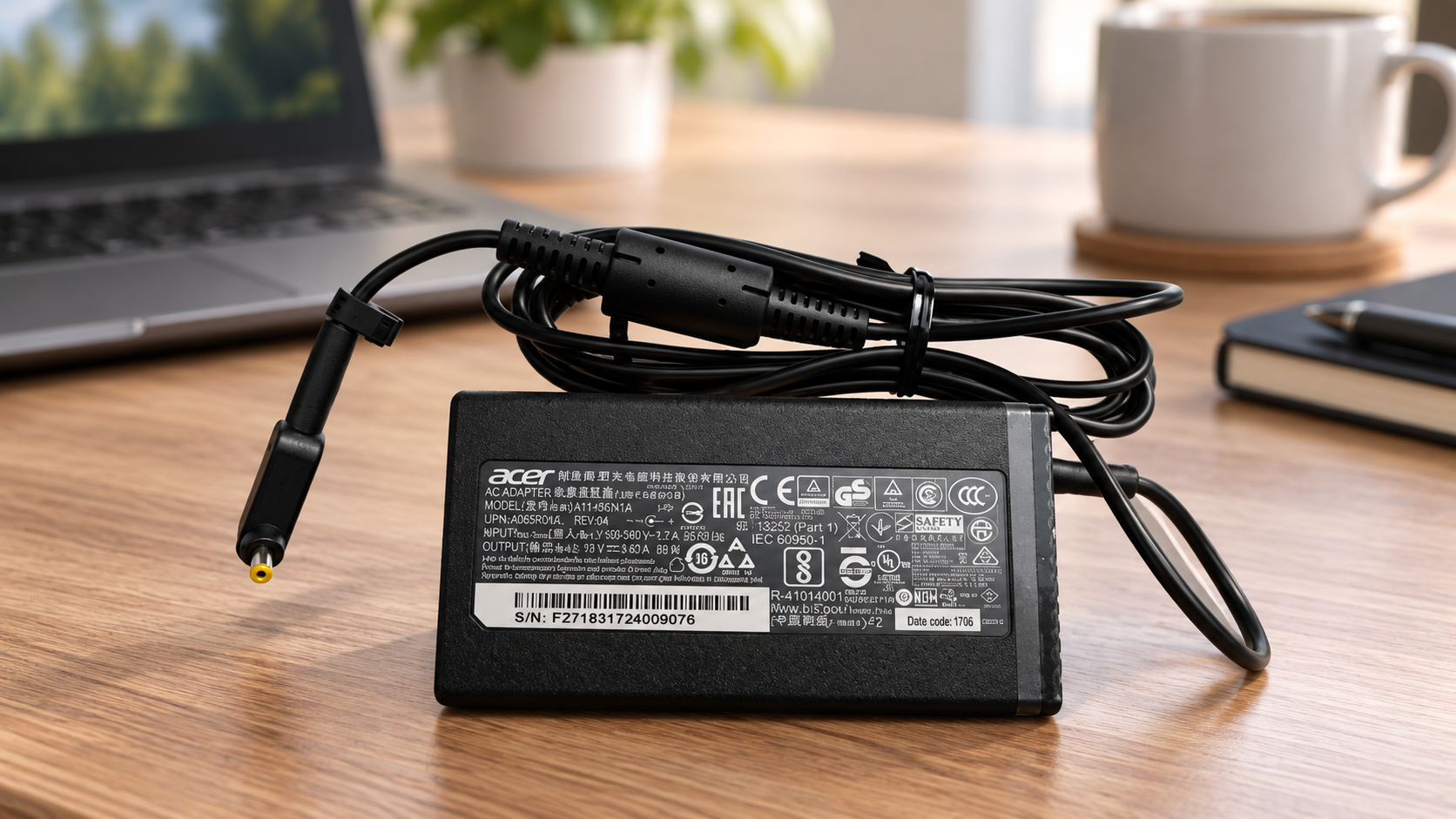 Acer laptop power adapter and charging cable displayed on a wooden desk with a blurred workstation background.