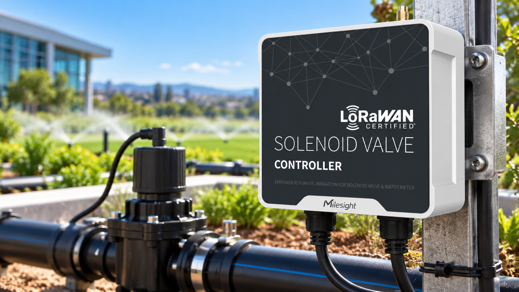 Milesight LoRaWAN solenoid valve controller installed on an outdoor irrigation system in New Zealand.