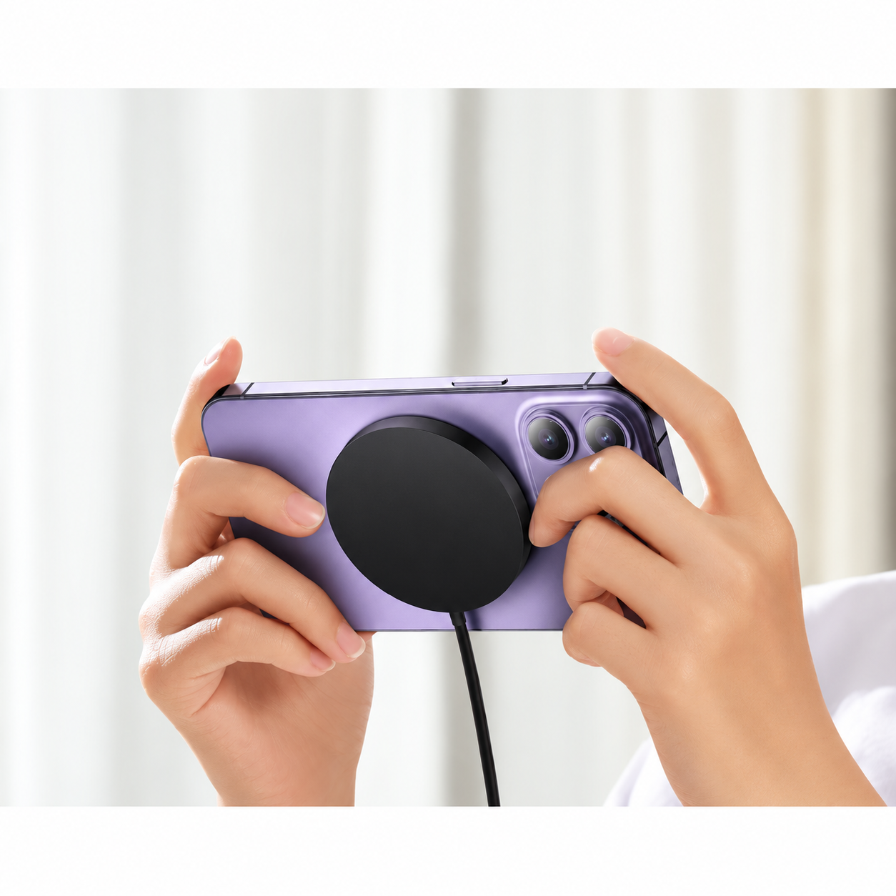 Purple smartphone held in landscape mode with a black magnetic charger attached for mobile gaming.
