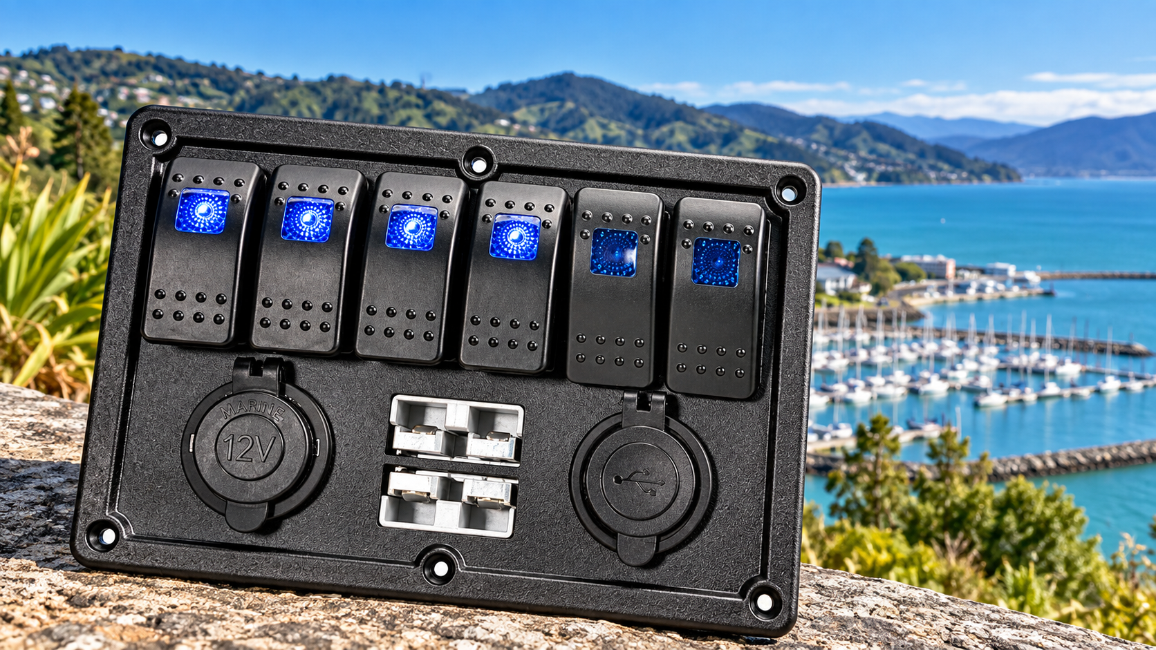 Six-switch panel with blue indicators, sockets and USB ports overlooking a harbour - Workshop Supplies at Tech Supply Shed NZ