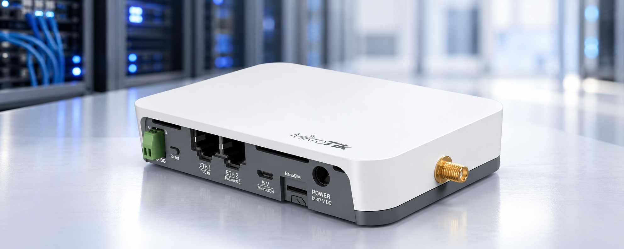MikroTik compact router gateway with Ethernet, PoE and Nano SIM connectivity in a modern network environment NZ.