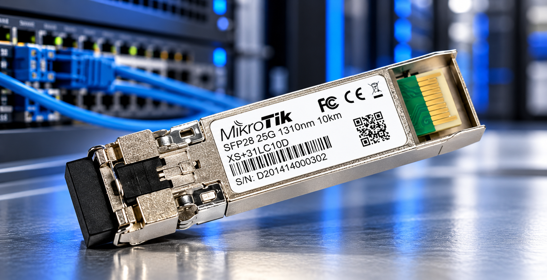 MikroTik SFP28 25G 1310nm 10km fibre transceiver on a data centre networking background.