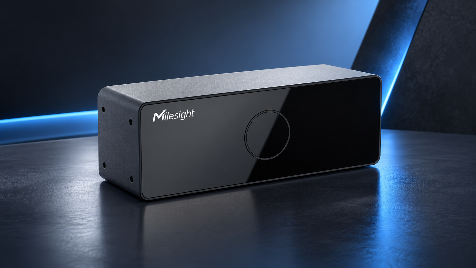 Milesight security sensor with black glass front panel on a dark technology background with blue accent lighting.