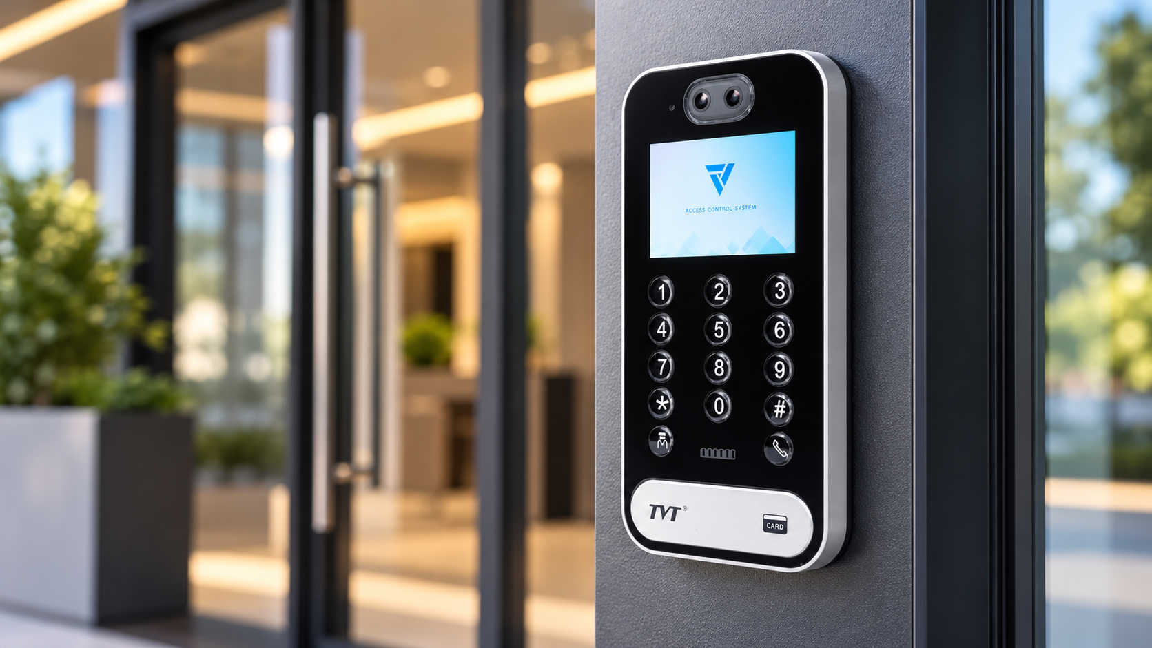 TVT access control keypad with dual cameras, display and card reader mounted beside a modern commercial glass entrance in NZ.