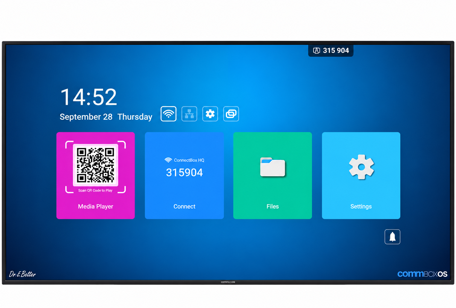CommBox interactive display showing the CommBoxOS home screen with media player, Connect, files and settings tiles.