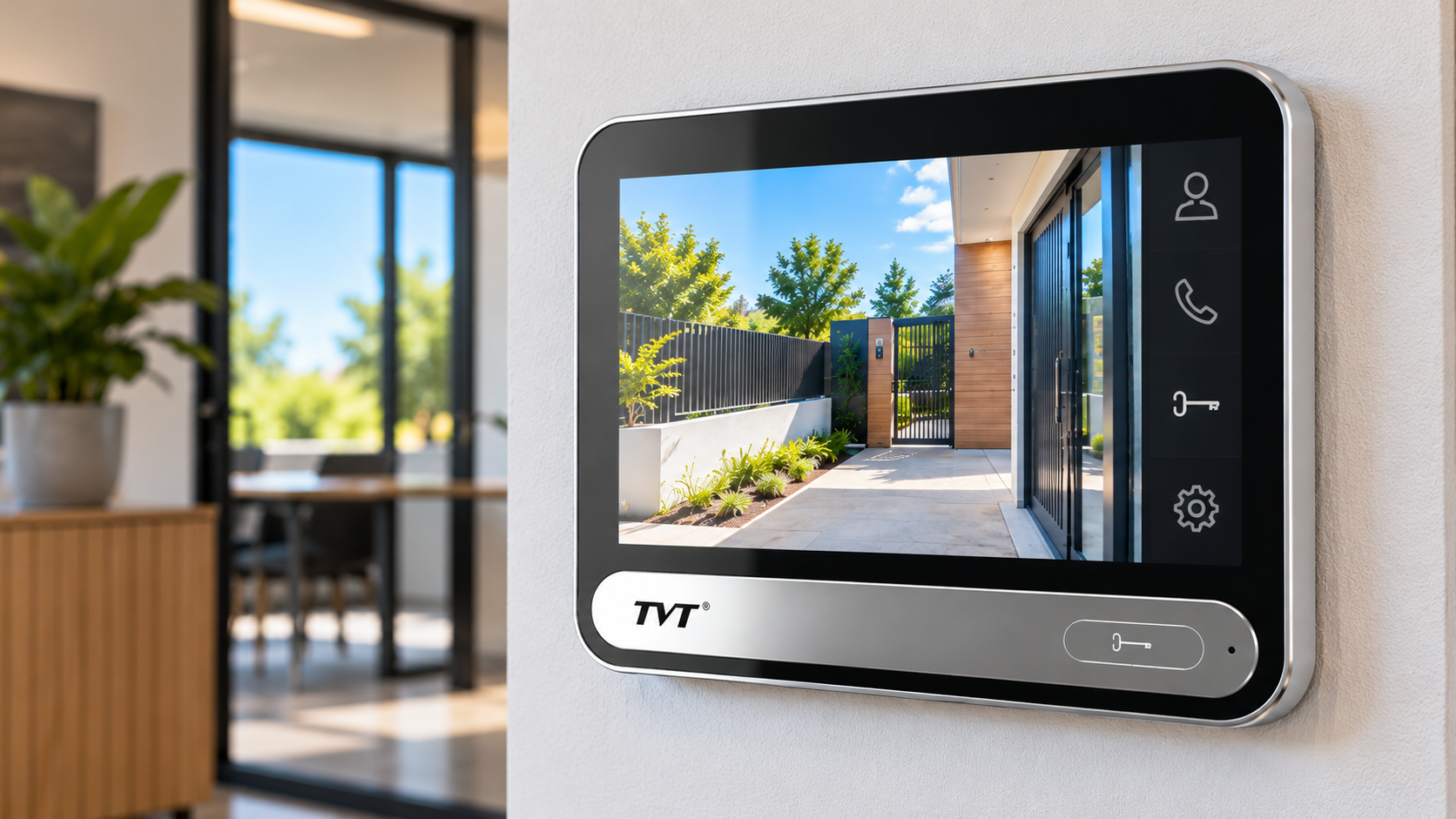 TVT indoor video intercom monitor displaying a live view of a modern entrance gate, wall-mounted inside a contemporary NZ home.