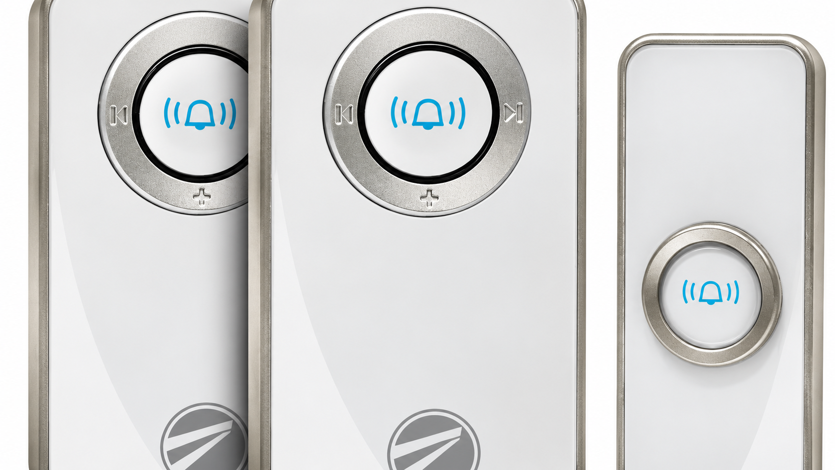 White wireless doorbell kit with two indoor chime receivers and a silver-trimmed doorbell push button, featuring blue bell icons.
