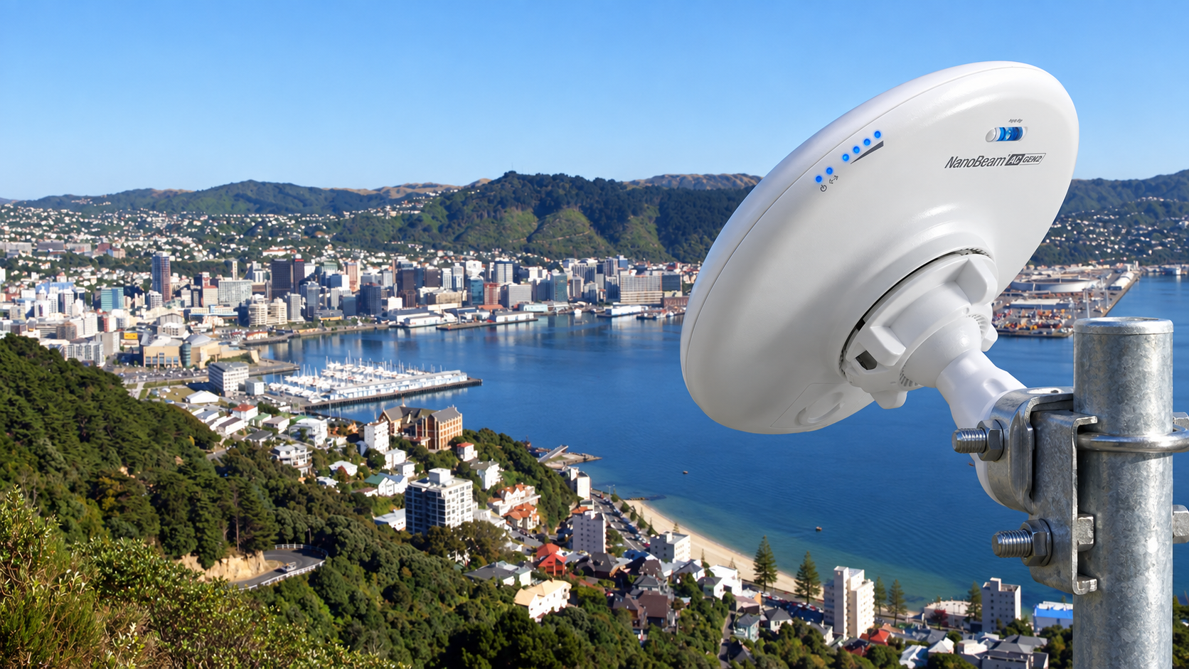 Ubiquiti NanoBeam AC Gen2 wireless bridge mounted above Wellington Harbour, New Zealand.