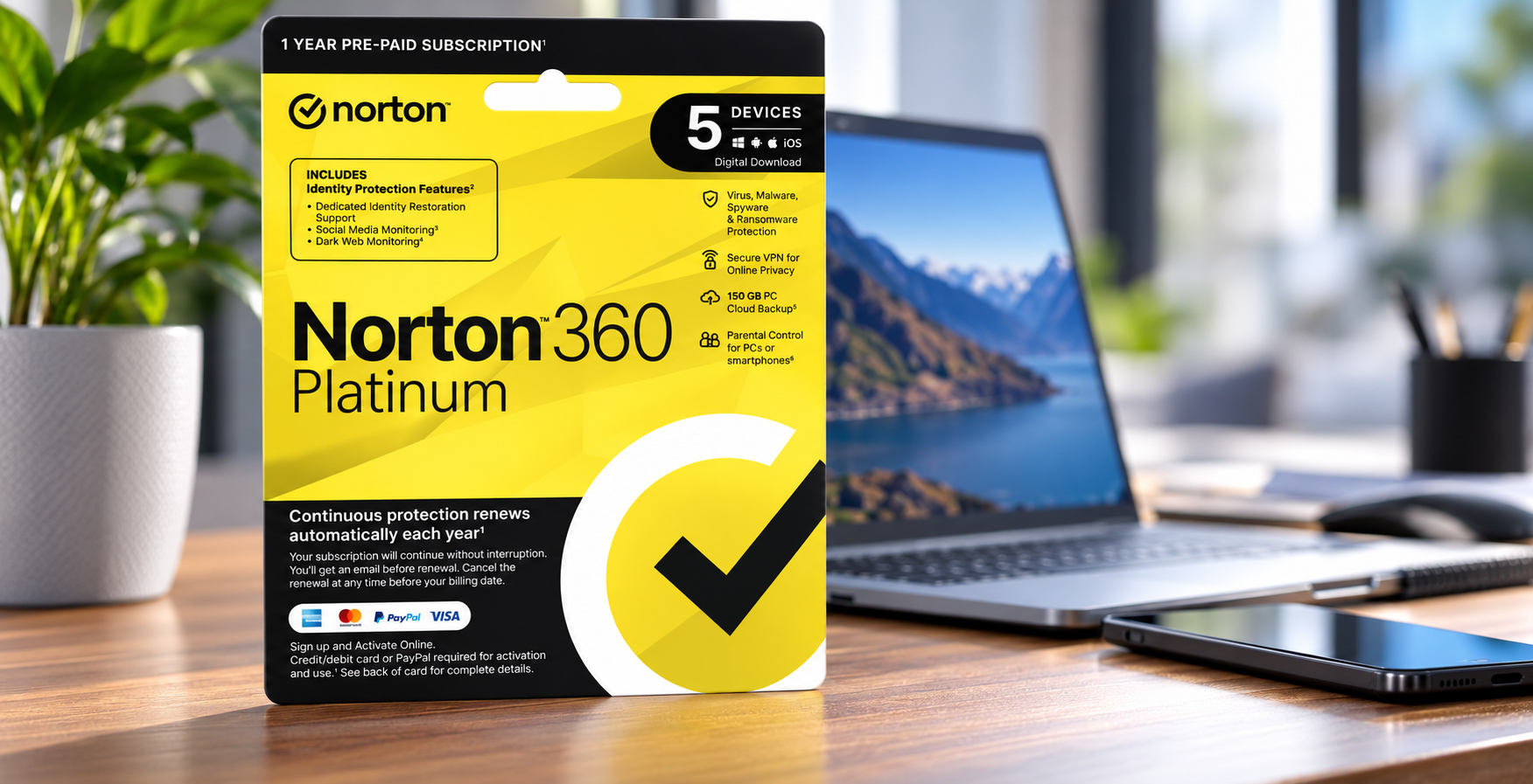 Norton 360 Platinum 5-device security software displayed on a modern home office desk with laptop and smartphone in the background.
