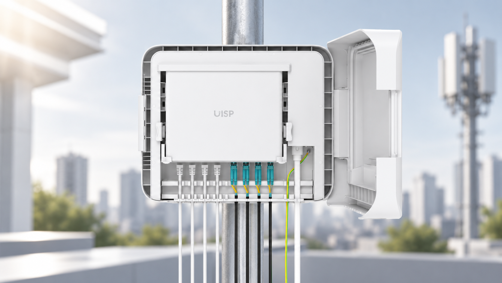 Ubiquiti UISP outdoor fibre junction box with multiple fibre connections and cabling mounted on a telecommunications pole.