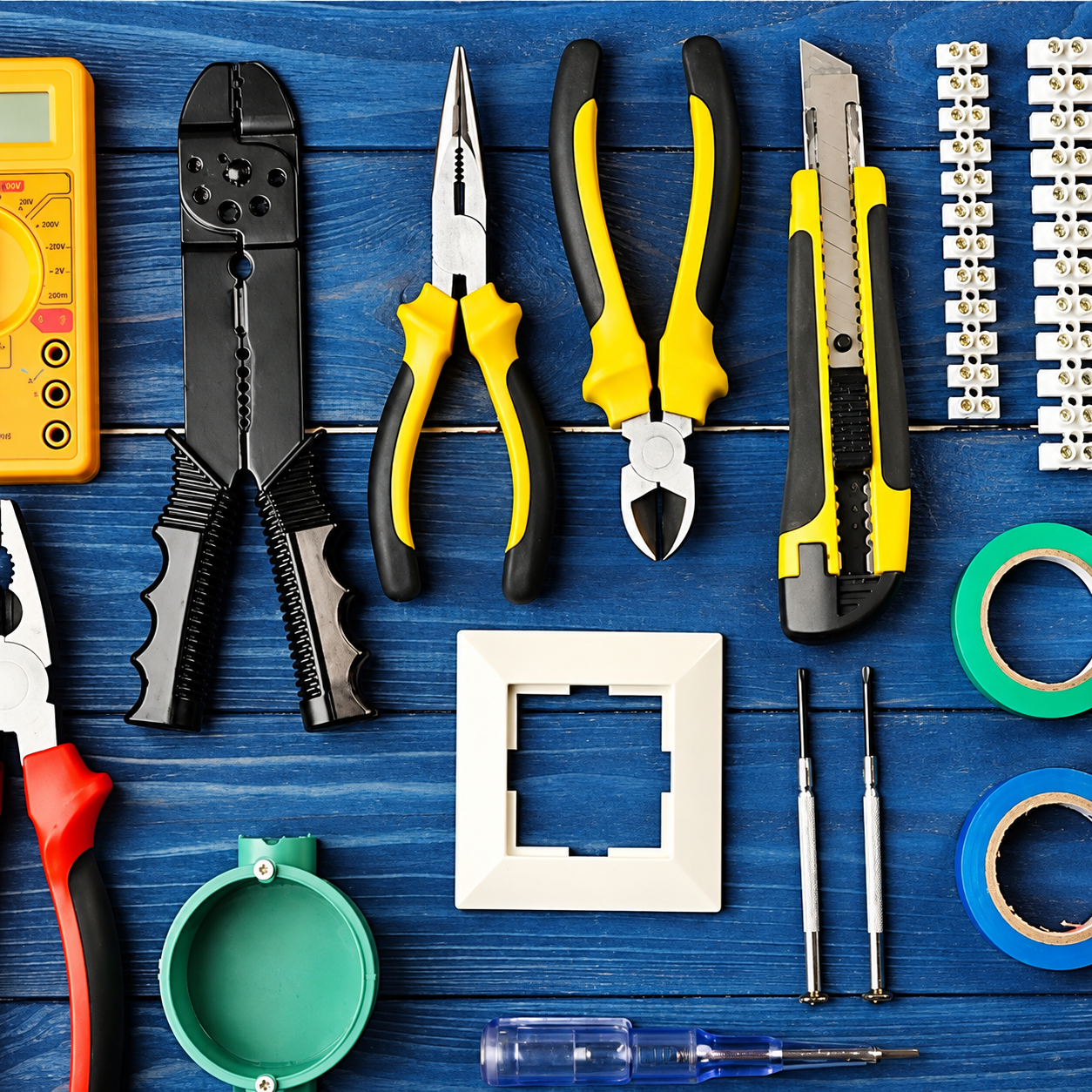 Electrical hand tools, multimeter, pliers, utility knife, terminal blocks and electrical tape arranged on a blue wooden workbench.