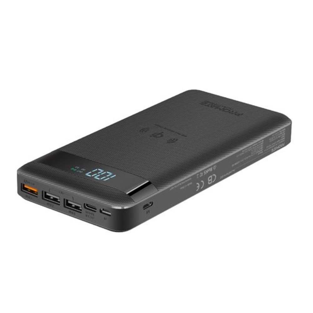 PROMATE AURATANK-20.BLK 20000mAh Wireless Charging Power Bank With LED Display. 3 USB