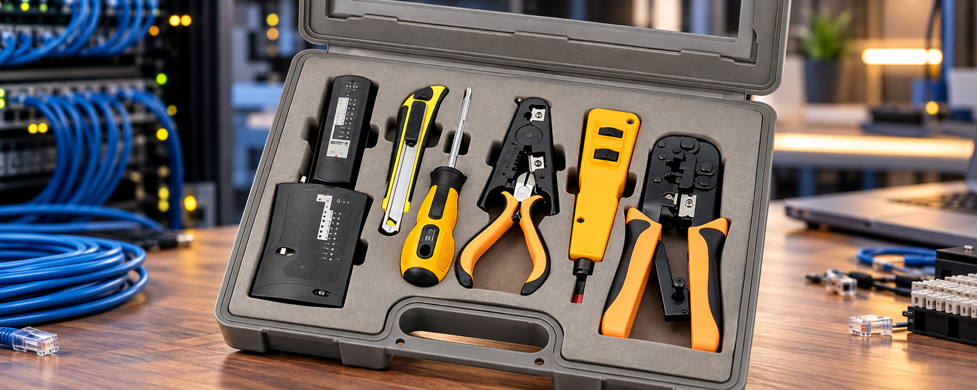 Networking cable tool kit with tester, crimping tools, punch-down tool and screwdriver in a hard case on a professional network installation workbench.