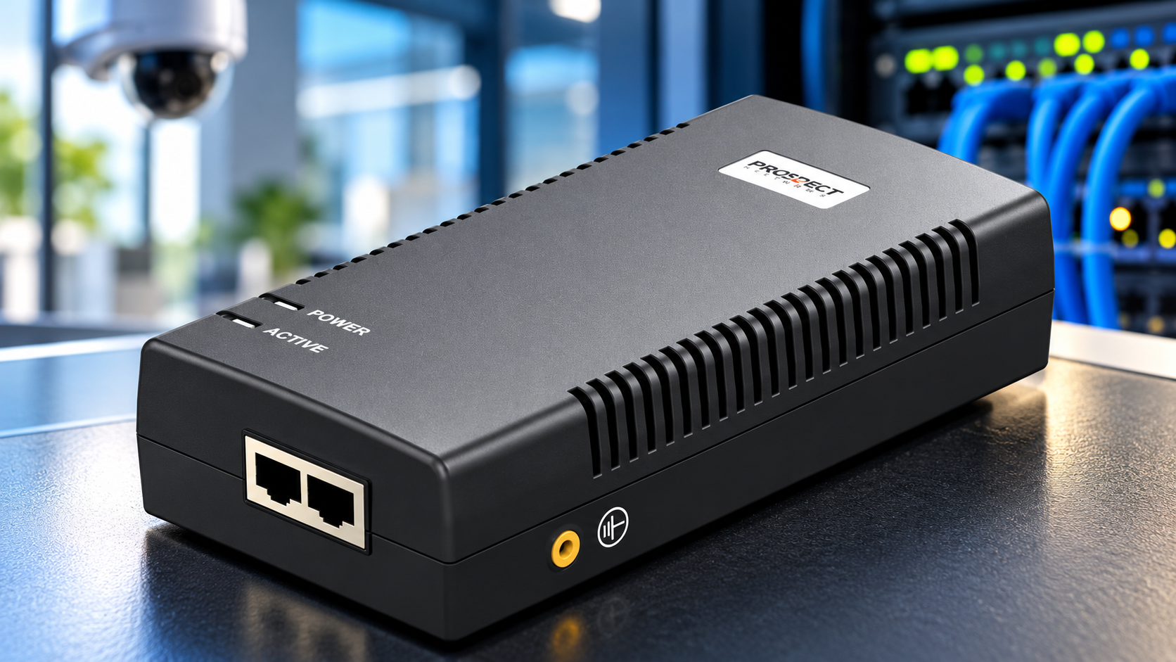 Black PoE injector with dual Ethernet ports on a networking desk beside blue Ethernet cabling and network equipment.