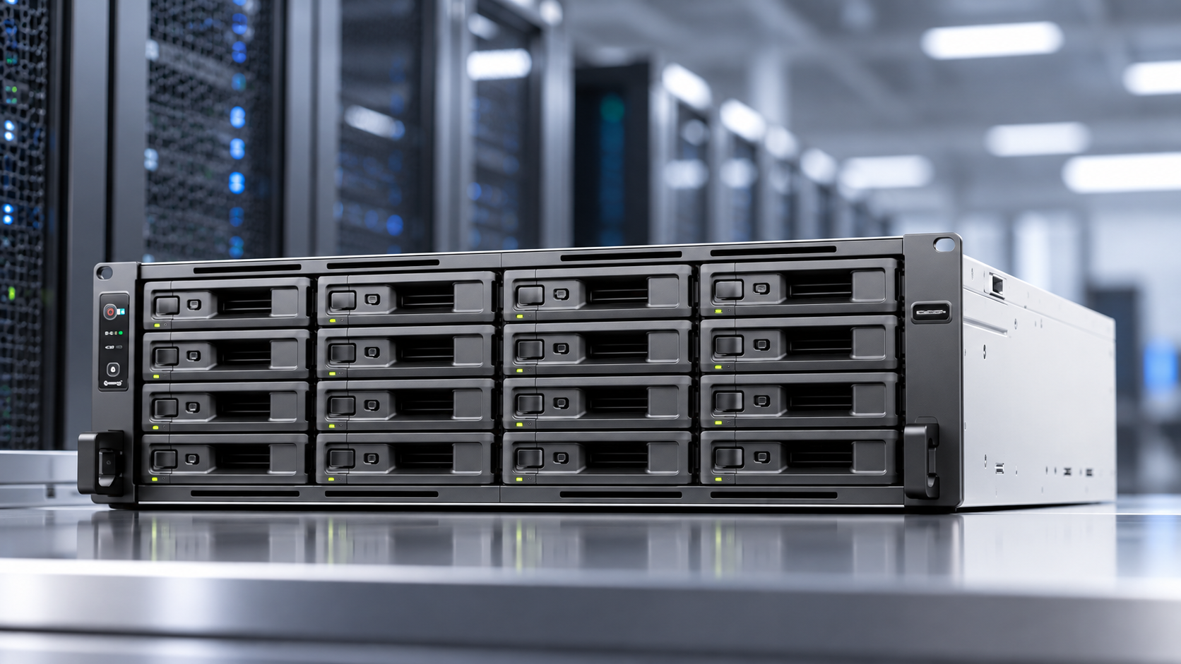 Rackmount network storage server with multiple hot-swap drive bays in a modern data centre environment.