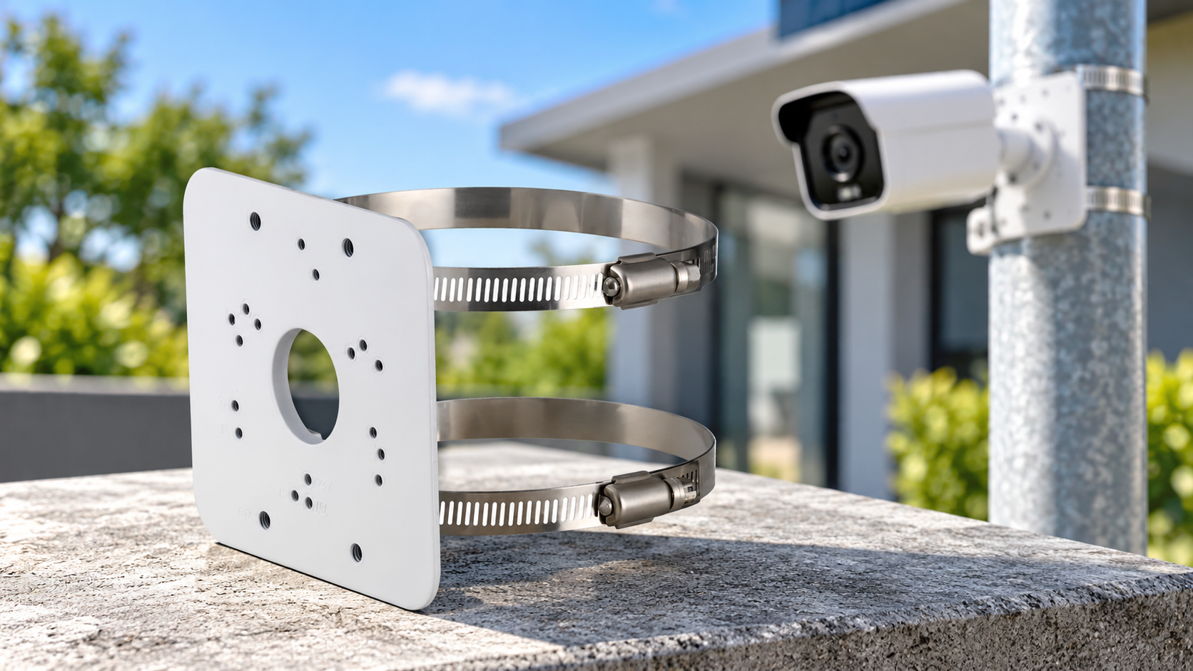 White CCTV security camera pole mounting bracket with stainless steel straps, shown beside an outdoor surveillance camera installation on a New Zealand property.