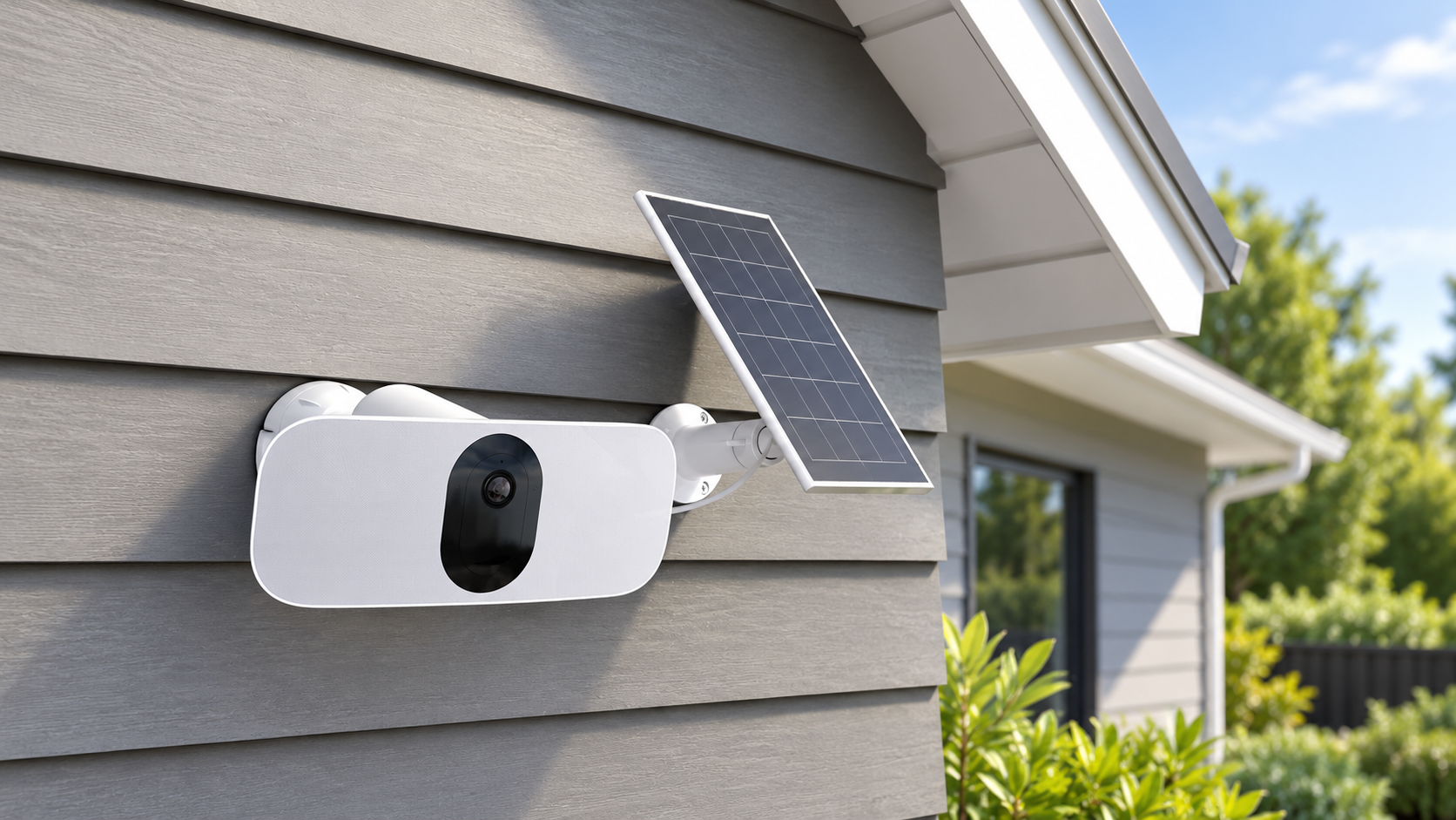 Solar-powered outdoor security camera with adjustable solar panel mounted on a modern New Zealand home for wireless CCTV surveillance.