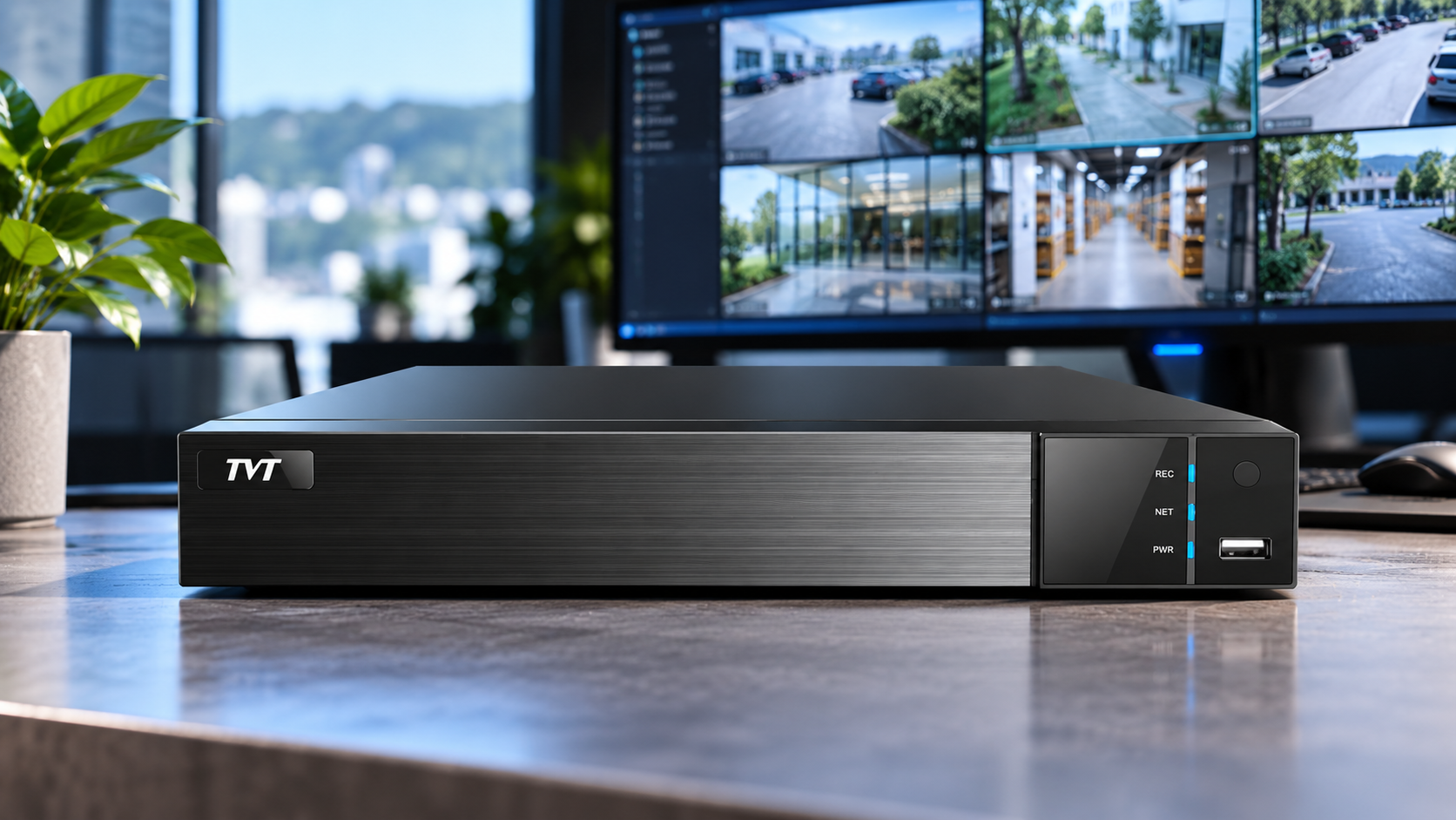 TVT network video recorder (NVR) for CCTV surveillance systems, displayed in a professional security monitoring environment.