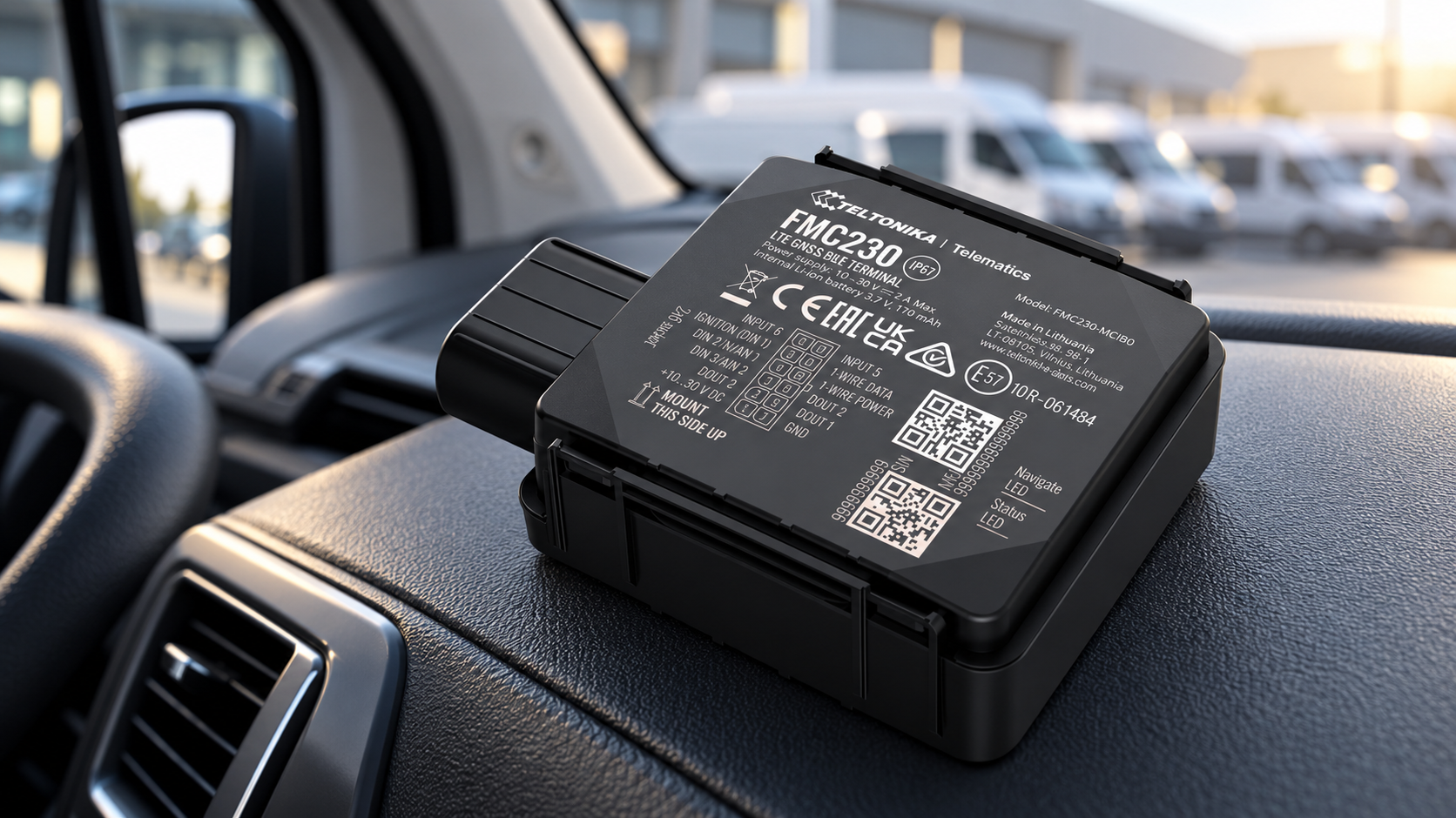 Teltonika FMC230 IP67 vehicle telematics tracker shown inside a commercial fleet vehicle.