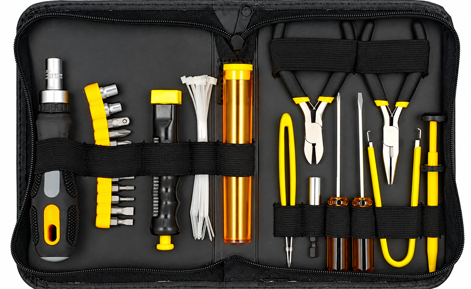 Yellow and black hand tools arranged inside an open zipped tool case - Tool Kits & Precision Tools at Tech Supply Shed NZ