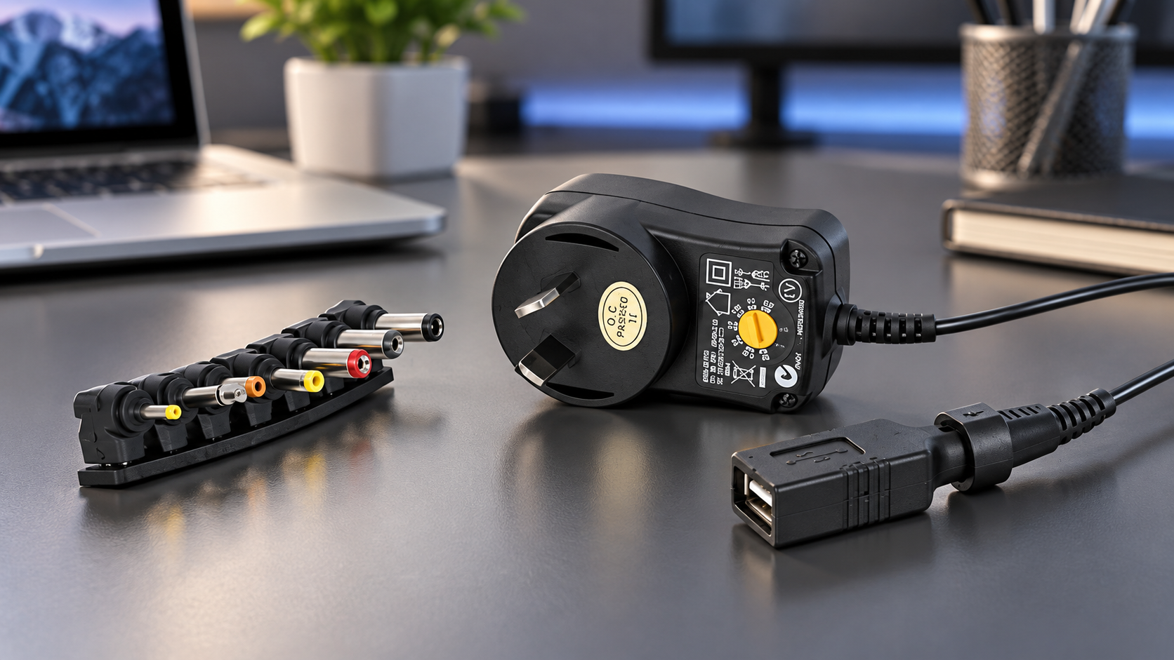 Universal multi-tip power adapter with interchangeable DC connectors and USB output on a modern workstation desk.