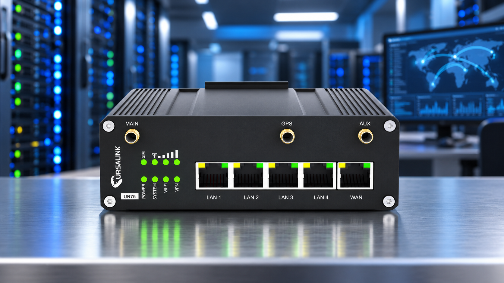 Ursalink UR75 industrial cellular router with LAN and WAN ports in a modern IT server room environment.