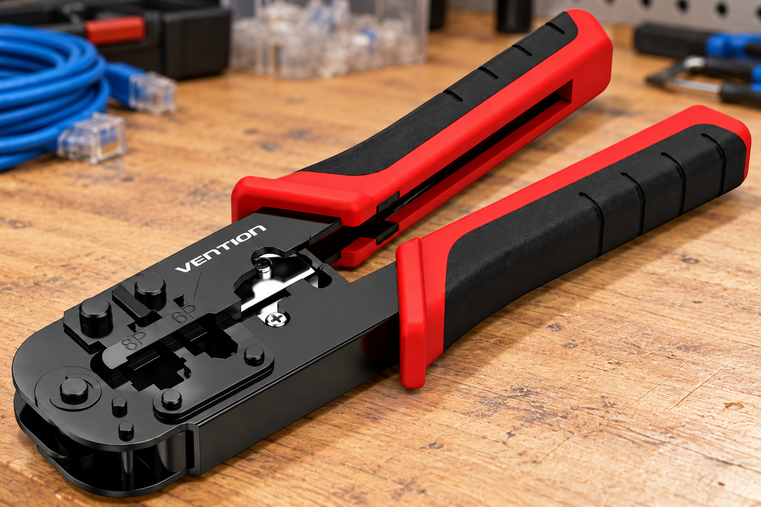 Red and black Vention crimping tool on a workbench - Crimping at Tech Supply Shed NZ
