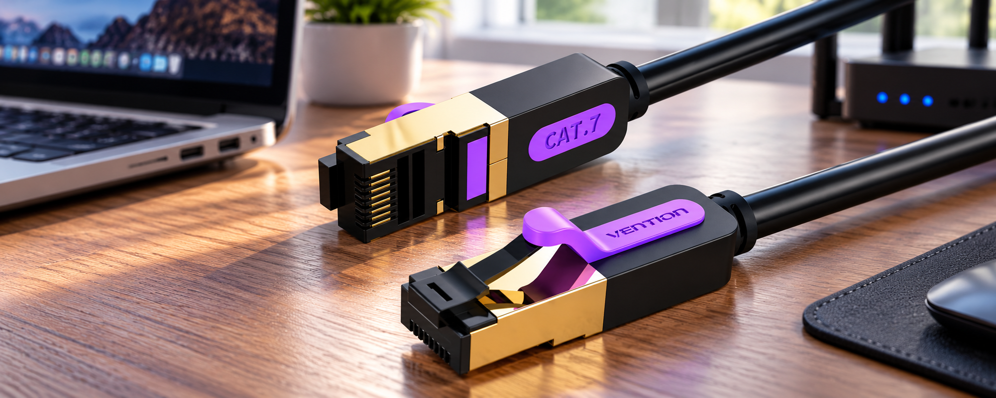 Vention CAT7 shielded Ethernet cable with gold-plated RJ45 connectors on a modern computer desk setup.