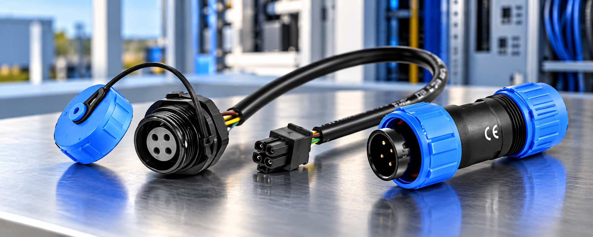 Waterproof circular connector cable assembly with blue locking collars and black leads for secure electrical connections.