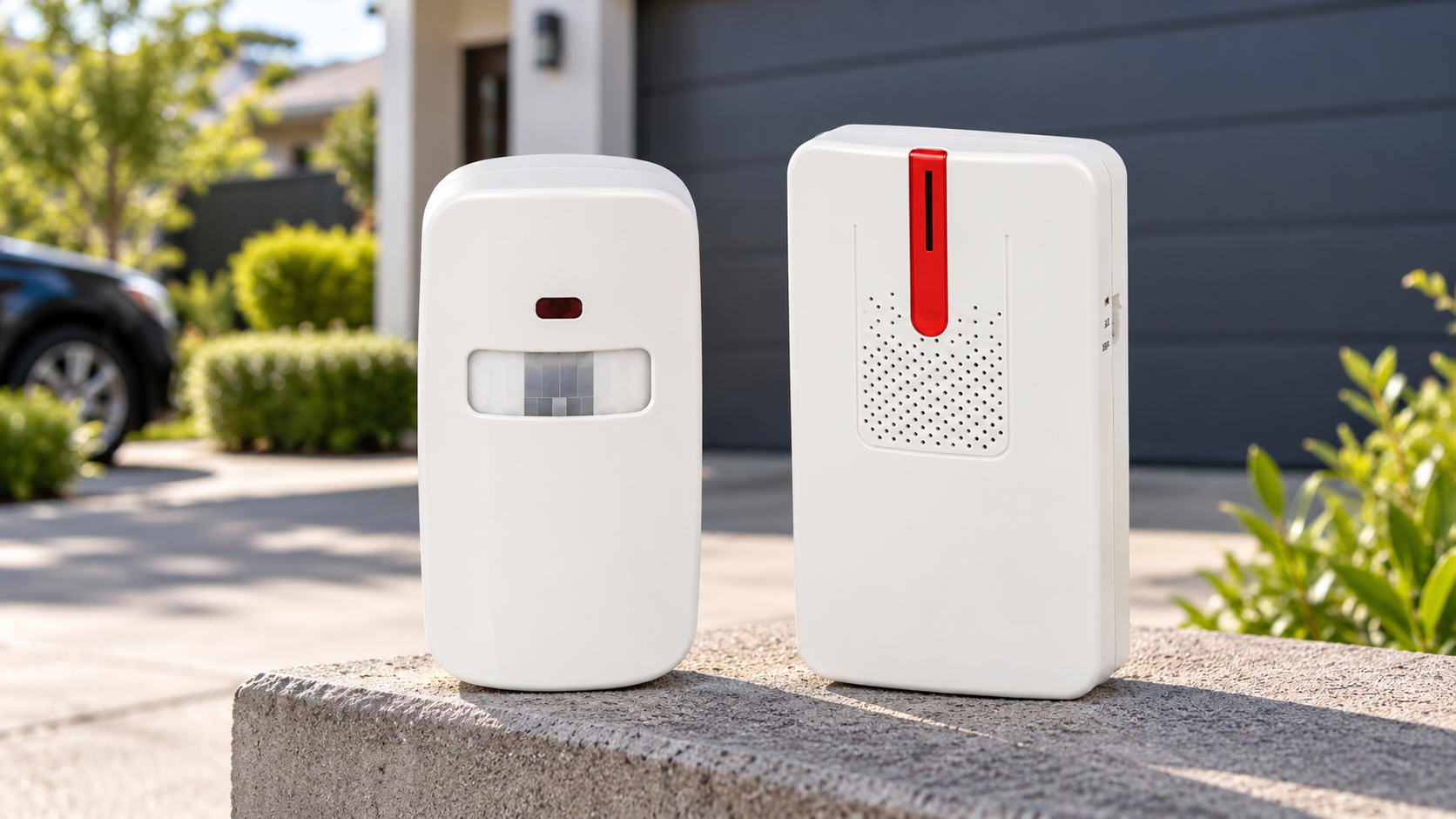 Wireless driveway motion sensor and alert receiver displayed outside a modern New Zealand home with driveway and garage in the background.