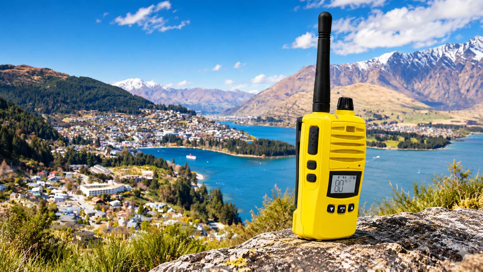 Yellow handheld two-way radio with black antenna overlooking Queenstown and Lake Wakatipu, New Zealand.