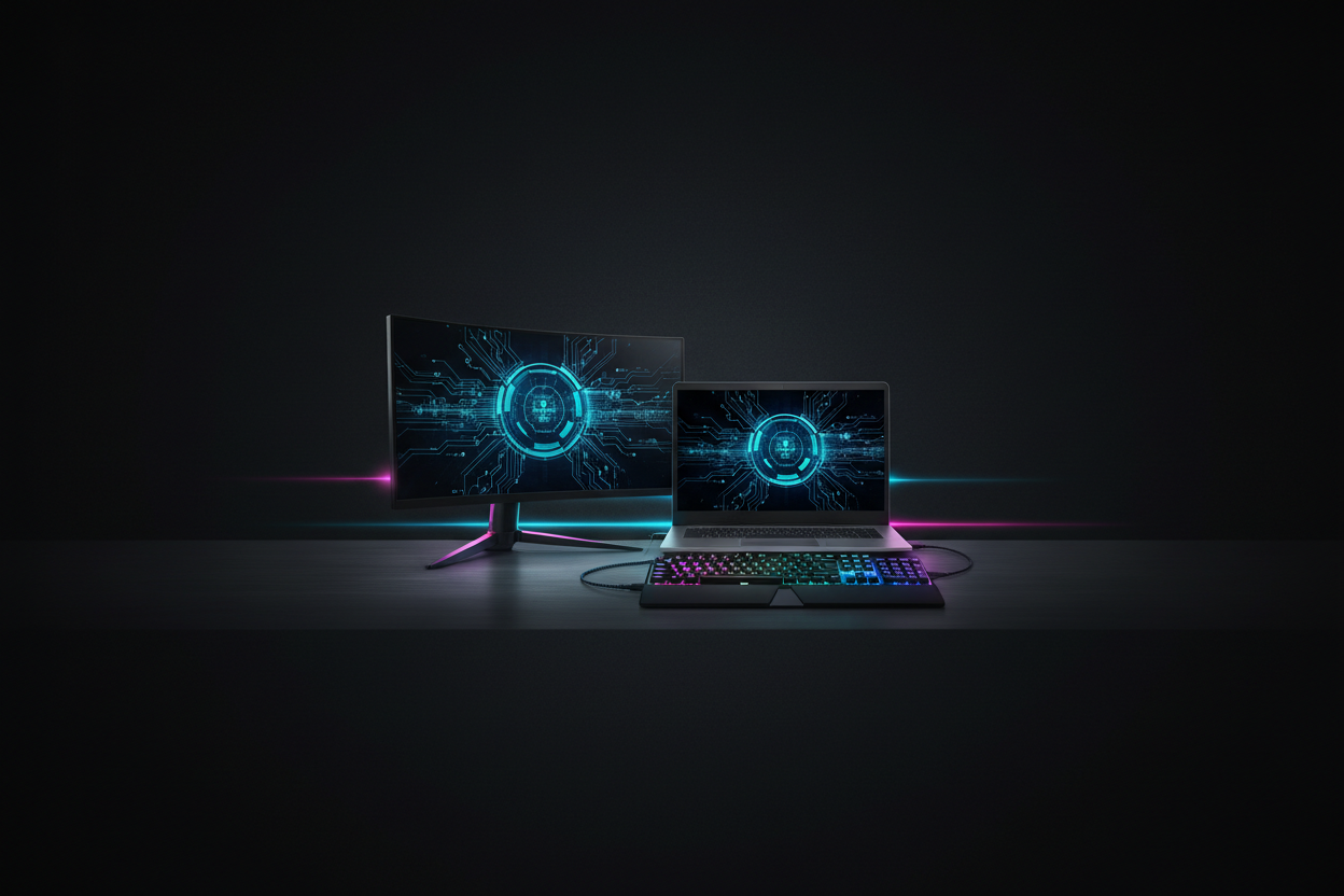 Dark desk setup with open laptop, gaming monitor and RGB mechanical keyboard - Computing and IT products at Tech Supply Shed NZ