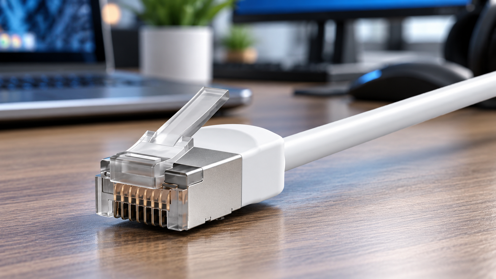White shielded Ethernet cable with RJ45 connector on a modern computer workstation desk.