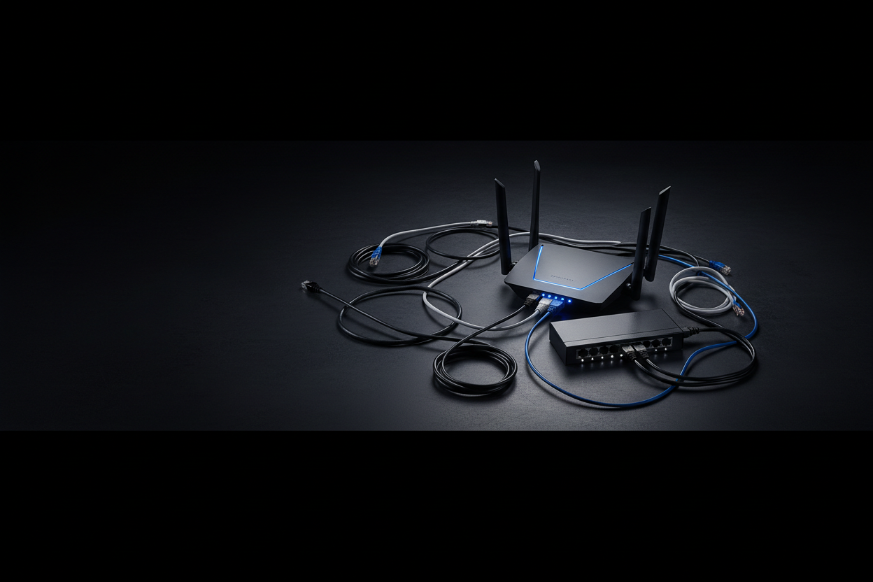 WiFi router, ethernet cables and network switch on dark surface - Networking at Tech Supply Shed NZ