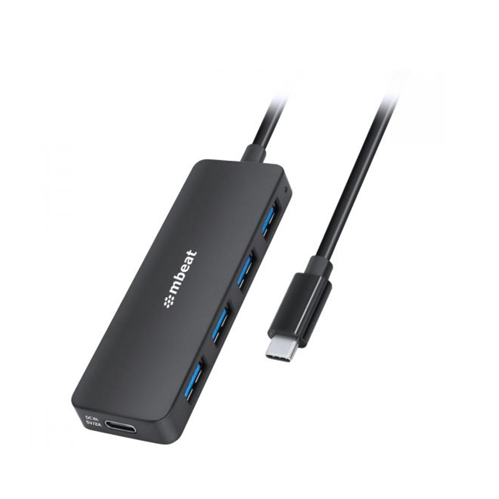 mbeat 4-port USB-C hub with USB-C DC power, black, four blue USB ports