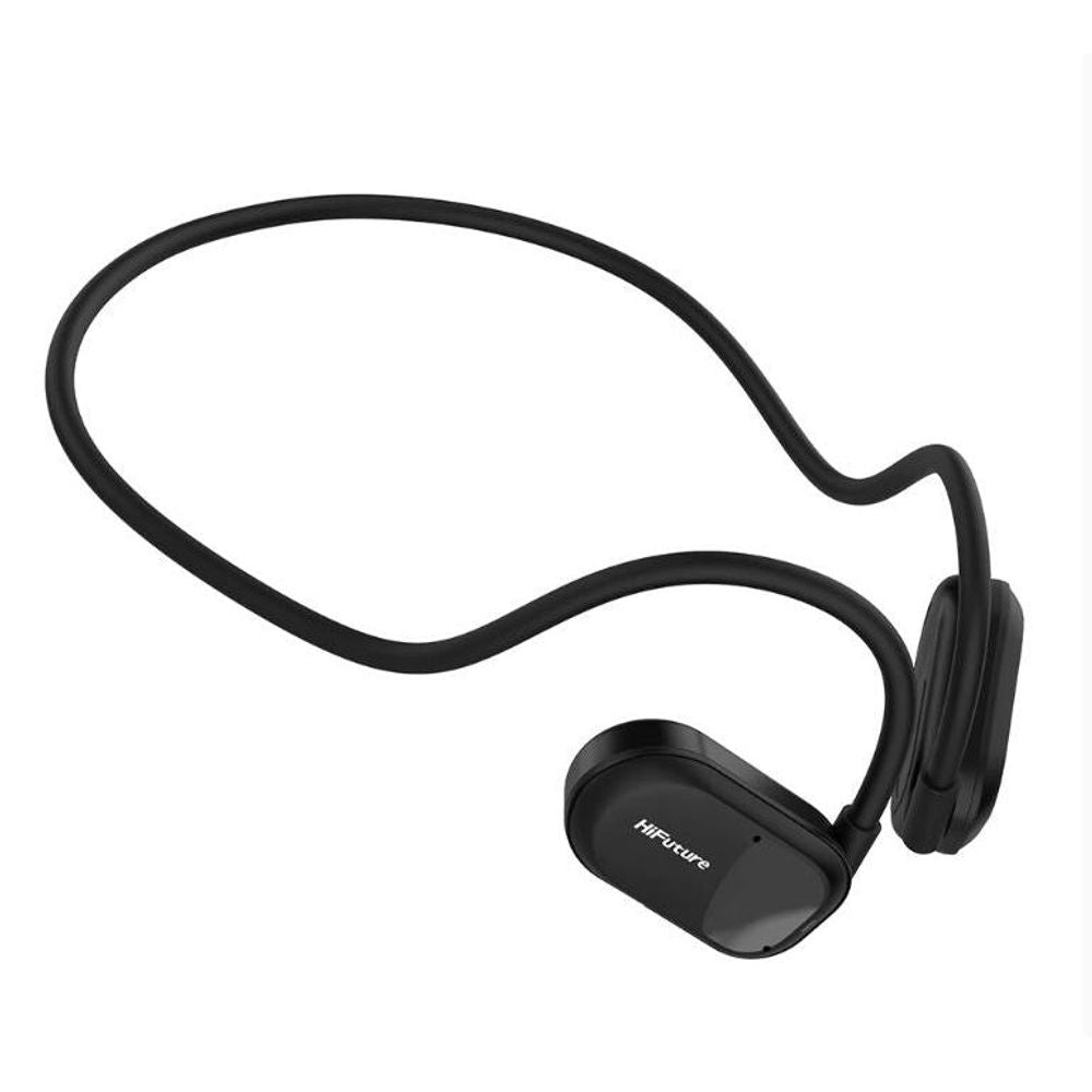Black sport earphones with curved neckband and compact earbud pods