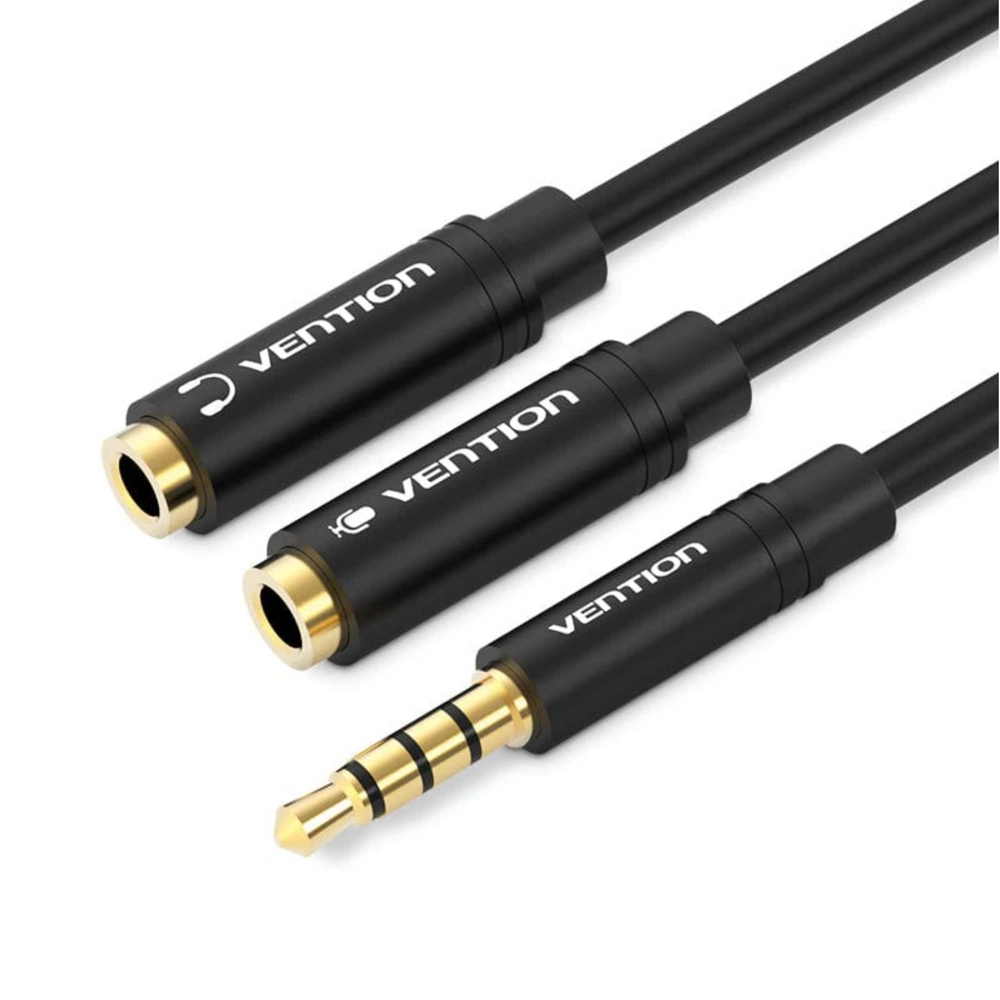 Black 3.5mm stereo splitter cable with gold 3.5mm plug connectors