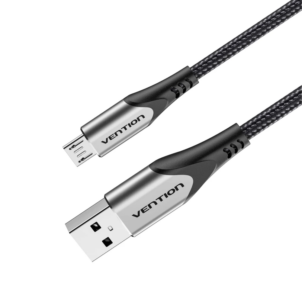 Braided USB-A to Micro-B charging cable, black with gray metal connector ends