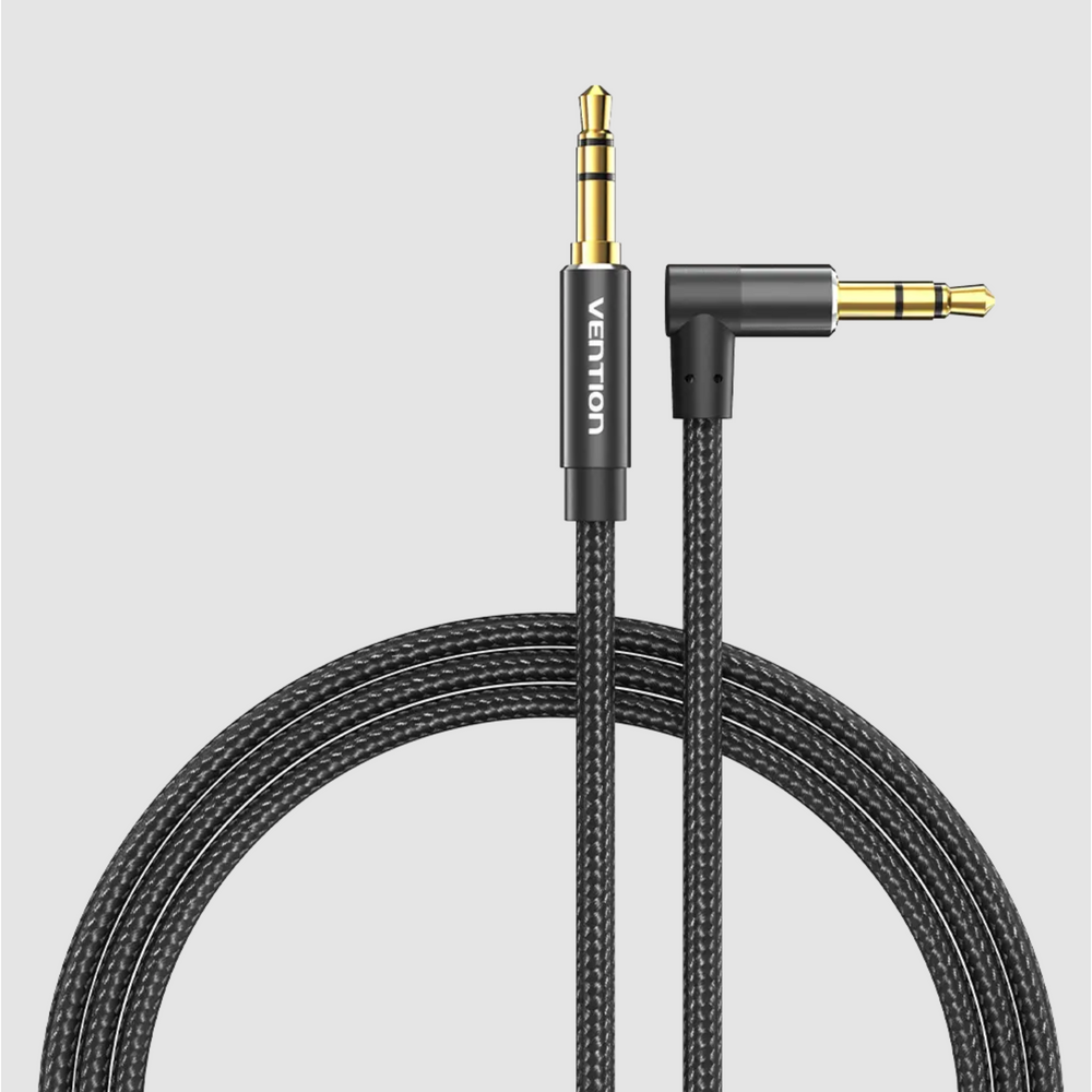 VEN-BAZBH - Vention Cotton Braided 3.5mm Male to Male Right Angle Audio Cable 2M Black Aluminium Alloy Type