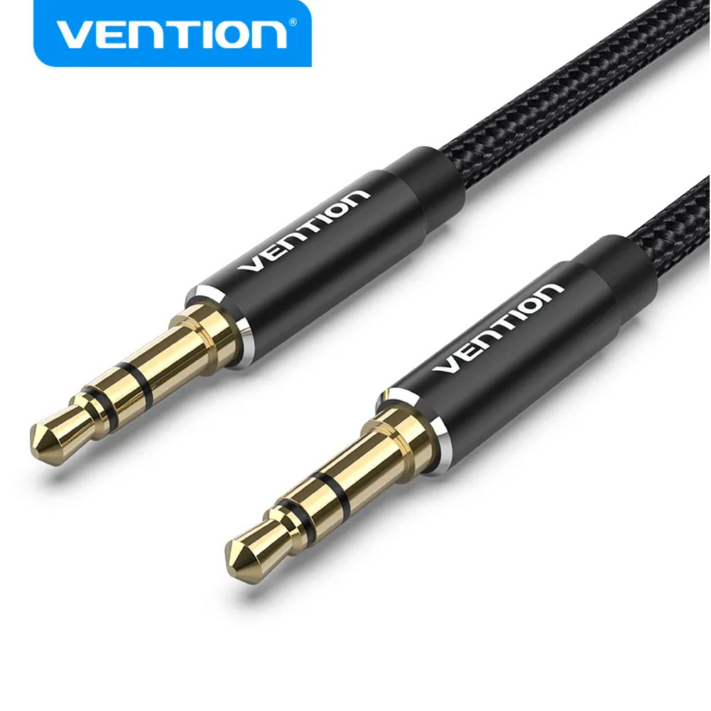 Black braided 3.5mm male-to-male audio cable with gold connectors