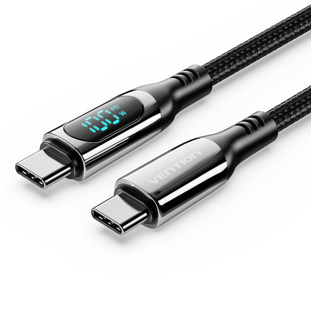 VEN-TAYBH - Vention Cotton Braided USB 2.0 C Male to C Male 5A Cable With LED Display 2M Black Zinc Alloy Type