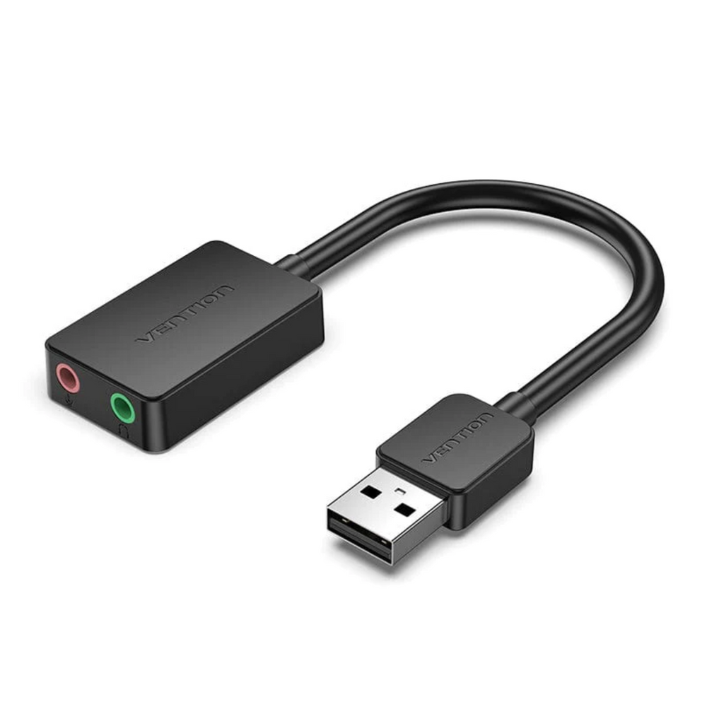 Black USB external 2-port sound card with dual audio jacks and USB plug
