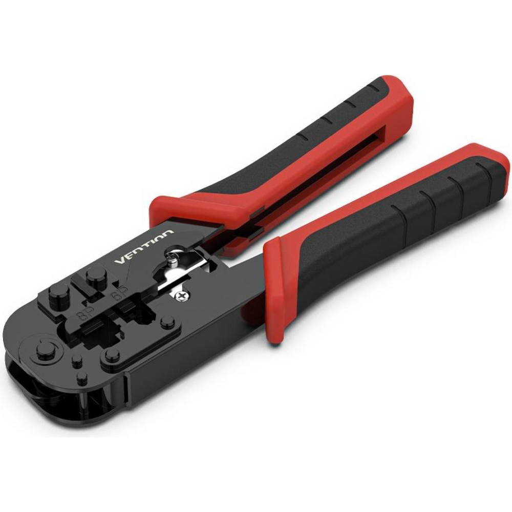 Vention ratchet crimping tool with red and black handles