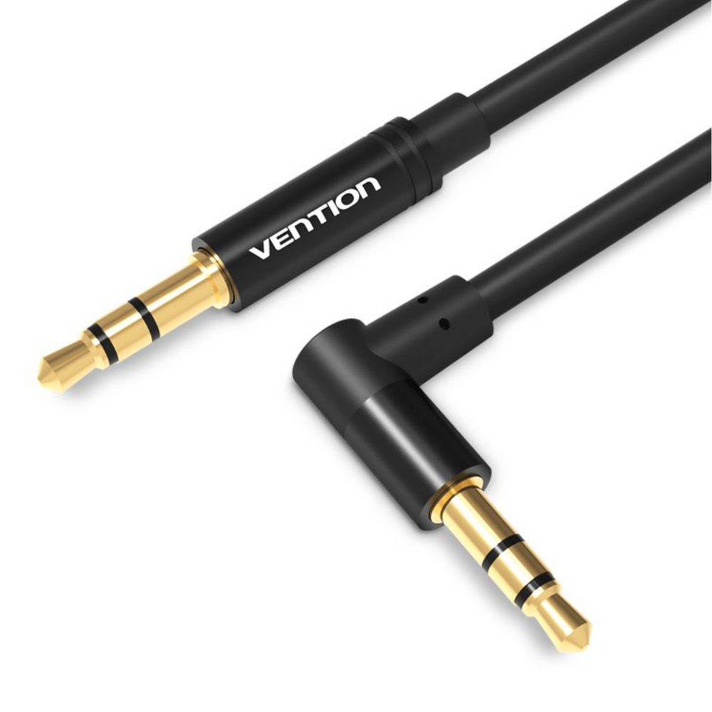 Black 3.5mm audio cable with gold male plugs and 90° angled connector