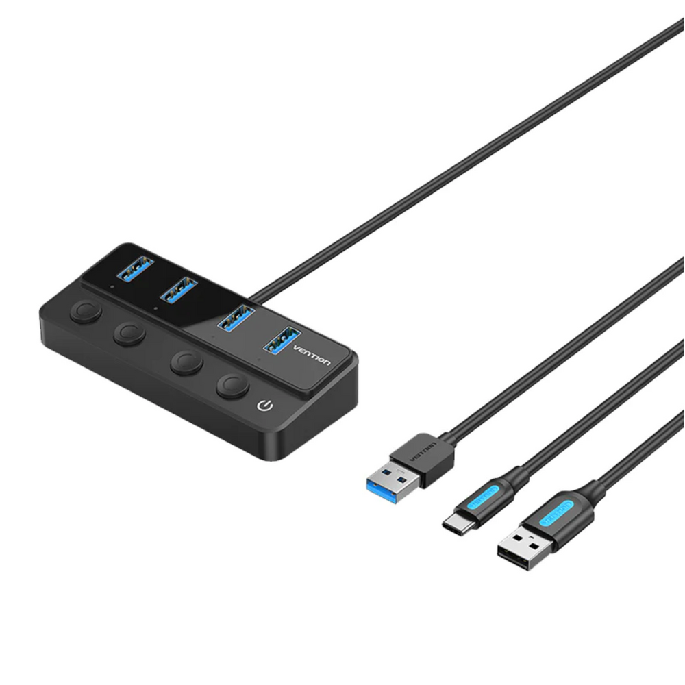Black USB 3.0 hub with four ports, individual power switches, USB-C and USB-A cables